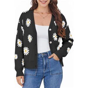 Women’s Daisies V-Neck Long Sleeve Open Front Chunky Knit Fall Black Cardigan